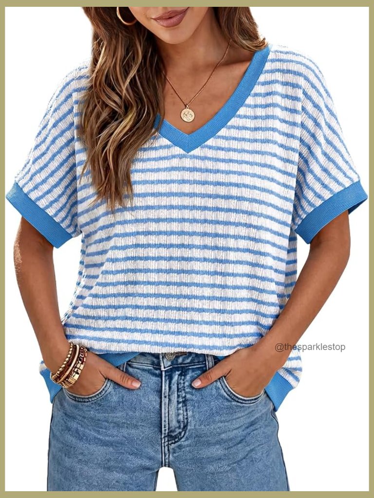 Oversized V Neck Striped Cap Sleeve Sweater Pullover Top